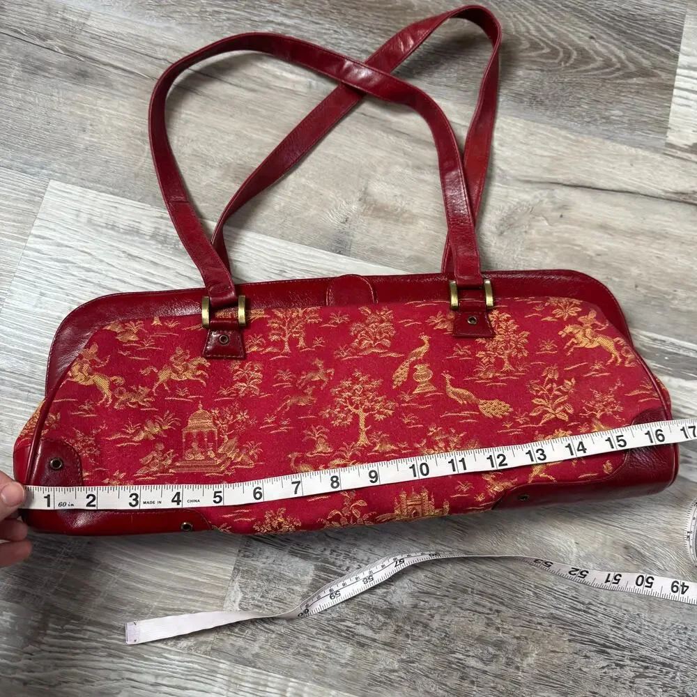 Vintage Paint the Lily Red Leather Tapestry Shoulder Bag Toile